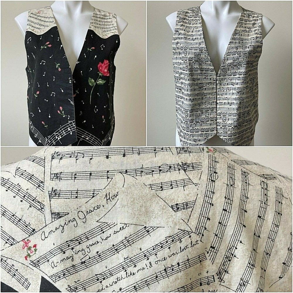 Novelty Musical Notes Vest Music Teacher Piano Amazing Grace Song Floral Roses